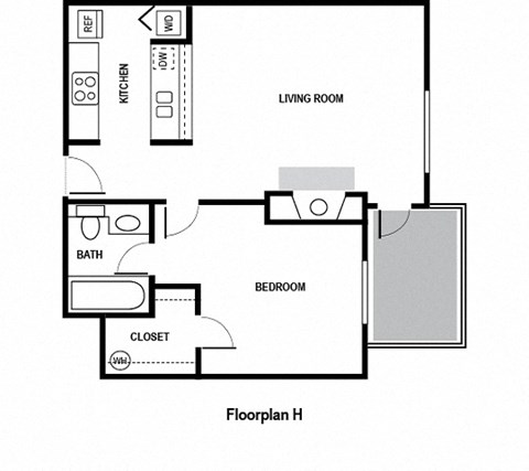 Floor plan for 1 bed, 1 bath, 593 sqft